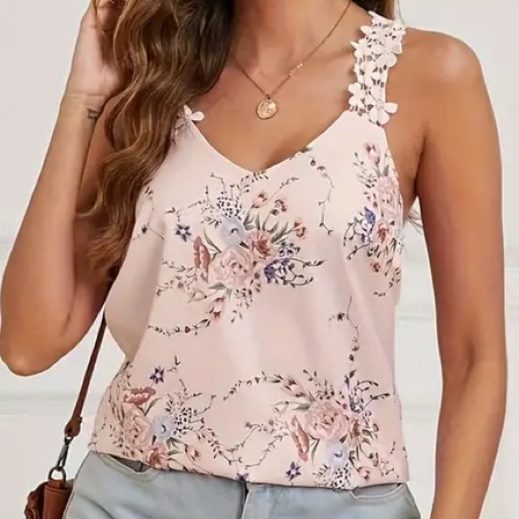 Pink Pastel Floral Print tank top Lace Shoulder Straps Summer Blouse Large - Picture 3 of 10